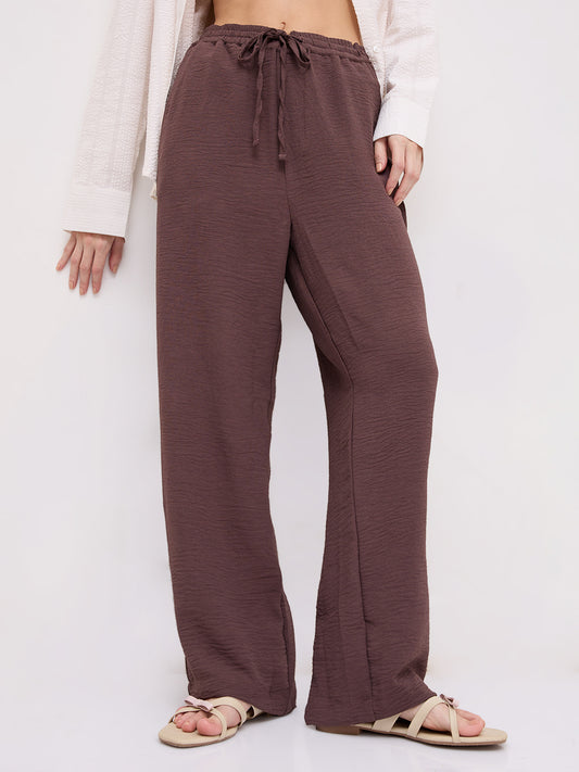 Luxe Warm Brown Crinkled Straight Fit Trousers
