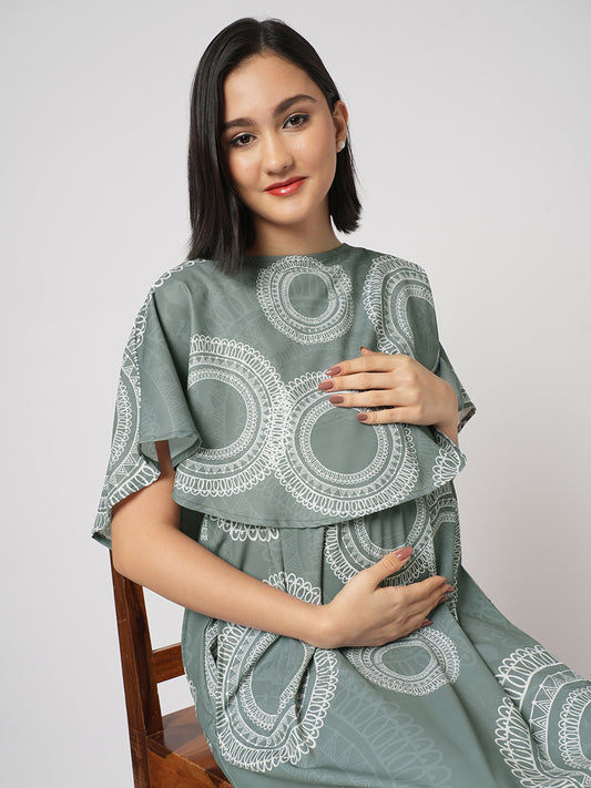 Sage Green Mandala Printed Maternity Dress
