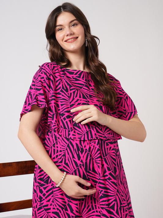 Pink & Black Multicolor Abstract Printed Maternity Dress
