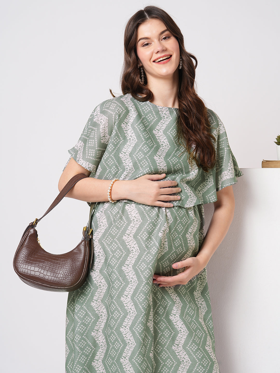 Milestone Grey Ikat Printed Maternity Dress