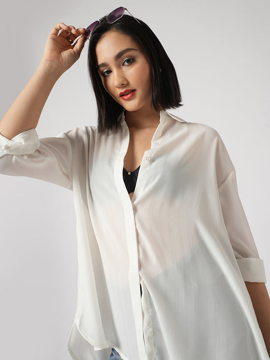 White Glimmer Striped Oversized Shirt