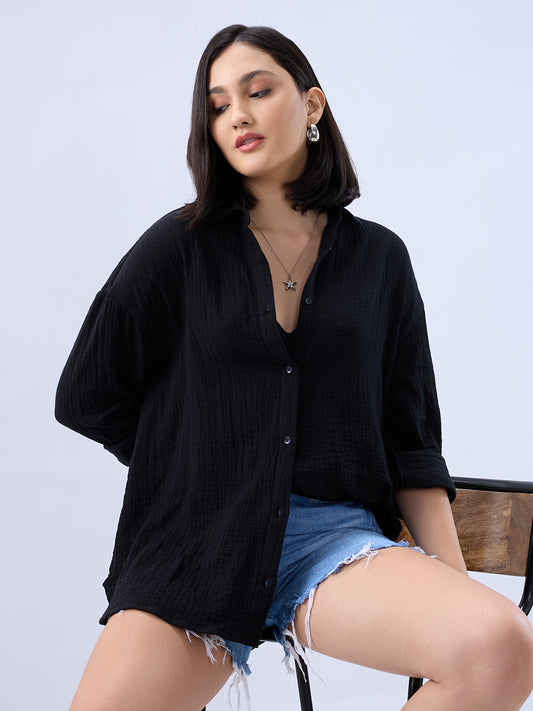 Obsidian Black Double Cloth Oversized Shirt