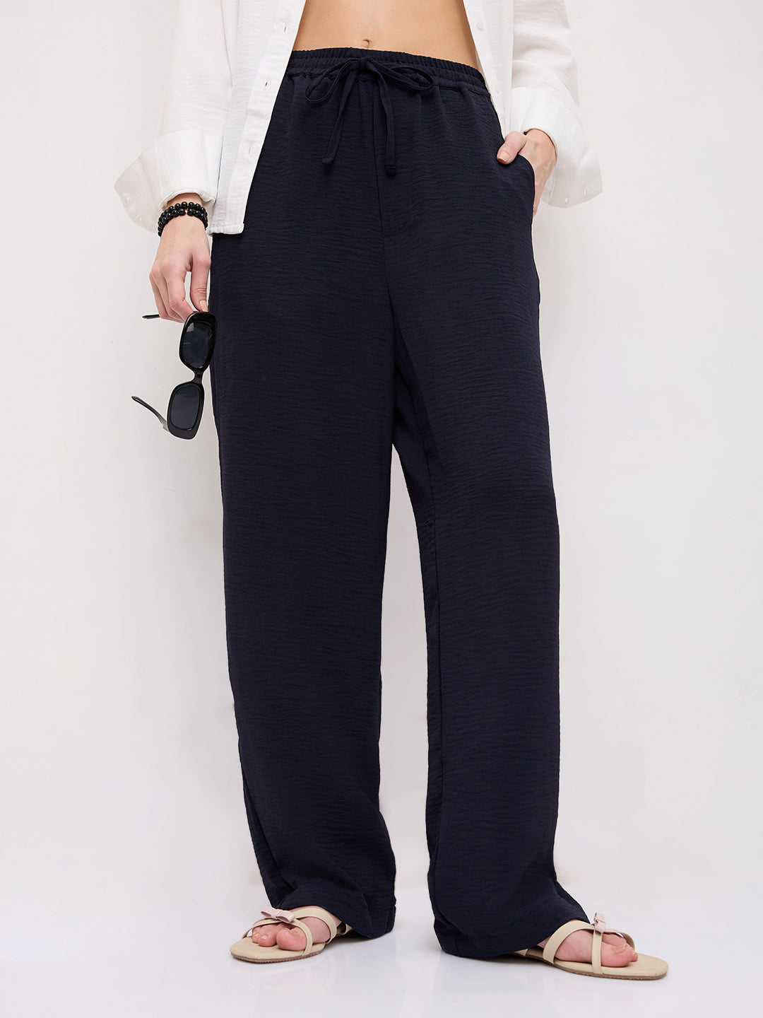 Luxe Midnight Navy Crinkled Straight Fit Trousers