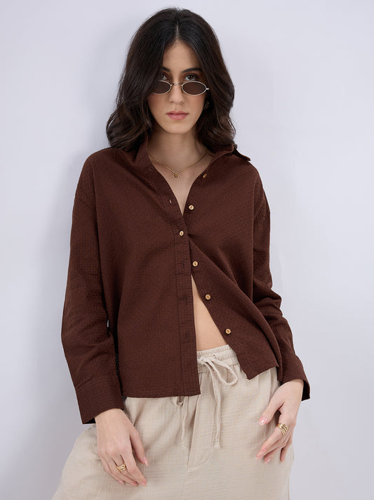 Chocolate Brown Jacquard Weave Oversized Shirt