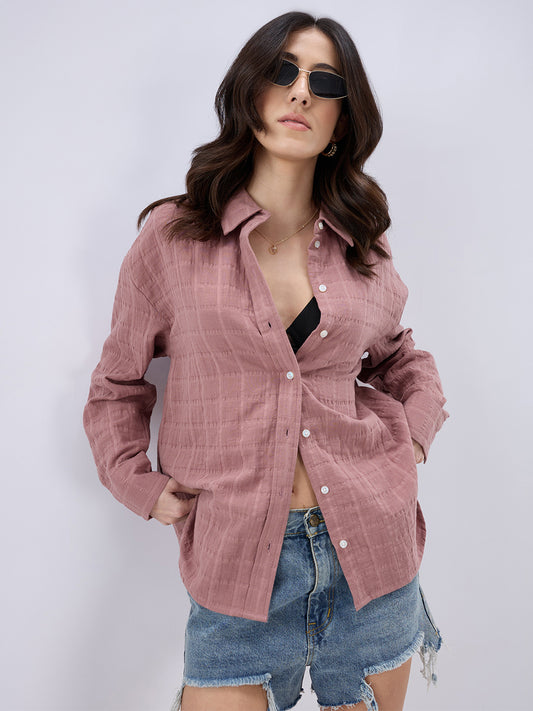 Dusty Pink Seersucker Checks DoubleCloth Oversized Shirt