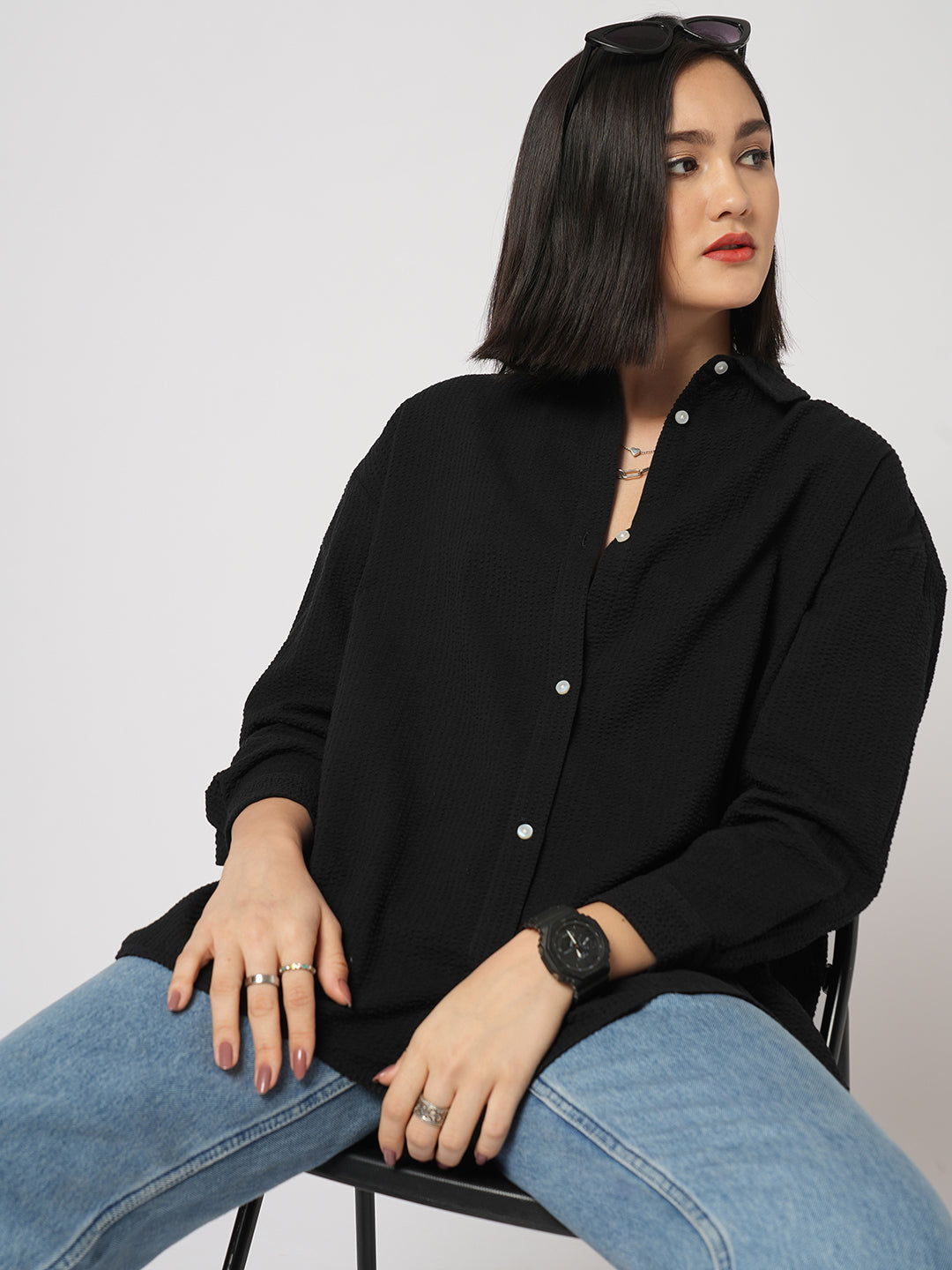 Classic Black Seersucker Oversized Shirt