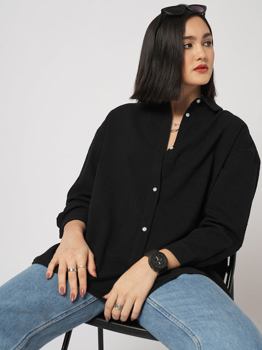 Classic Black Seersucker Oversized Shirt