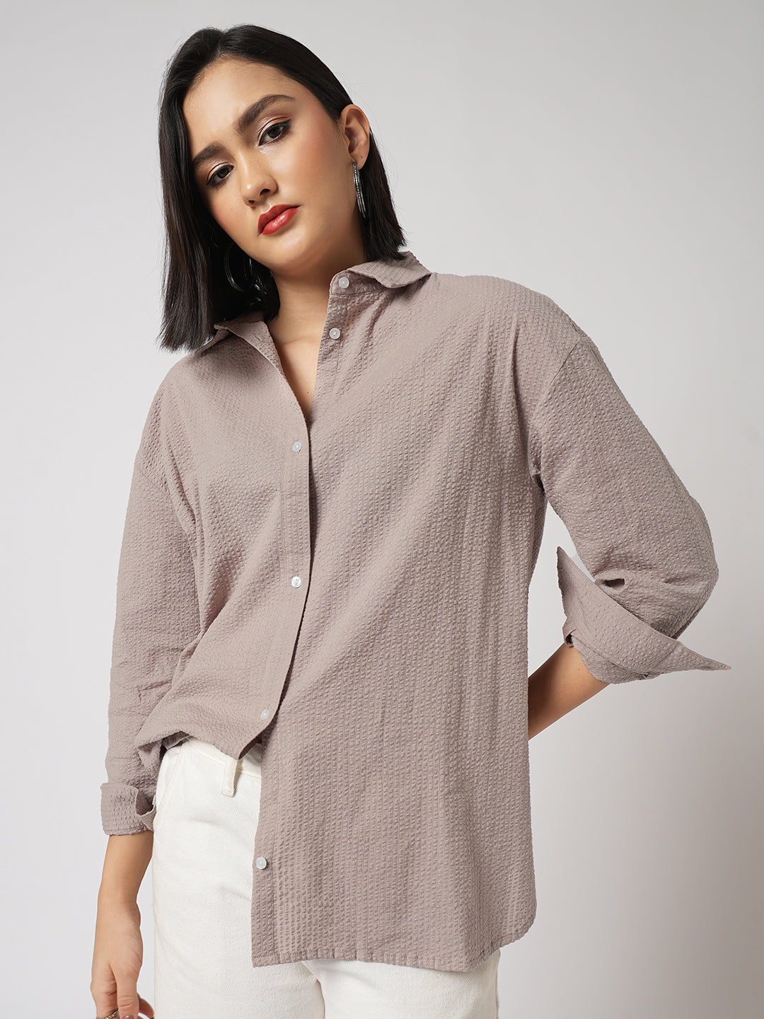 Light Taupe Brown Seersucker Oversized Shirt