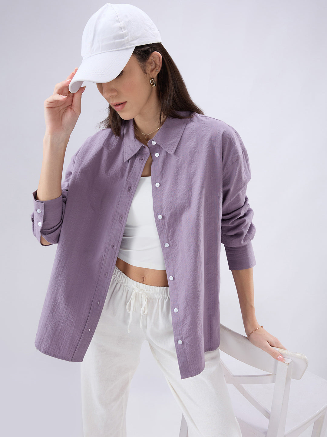 Lavender Seersucker Textured Oversized Shirt