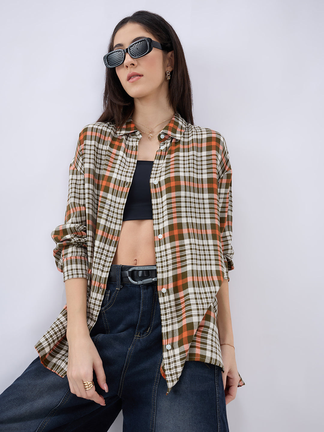 Multicolor Tartan Checked Oversized Shirt