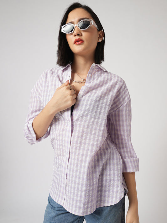 White & Lavendar Gingham Checks Oversized Shirt