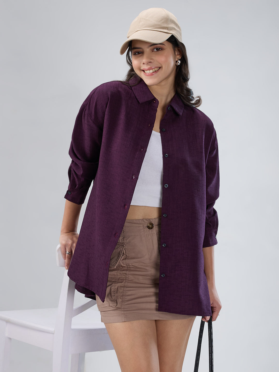 Wine Slub Textured Oversized Shirt