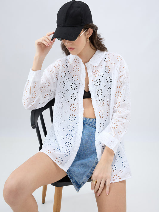 White Floral Schiffli Oversized Shirt