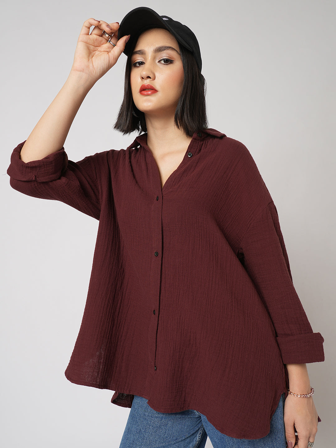 Solid Wine Double Cloth Oversized Shirt