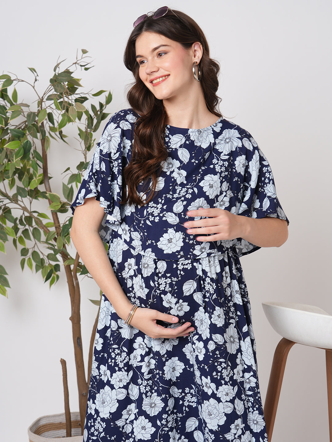 Chic Navy Blossom Printed Comfy Maternity Dress