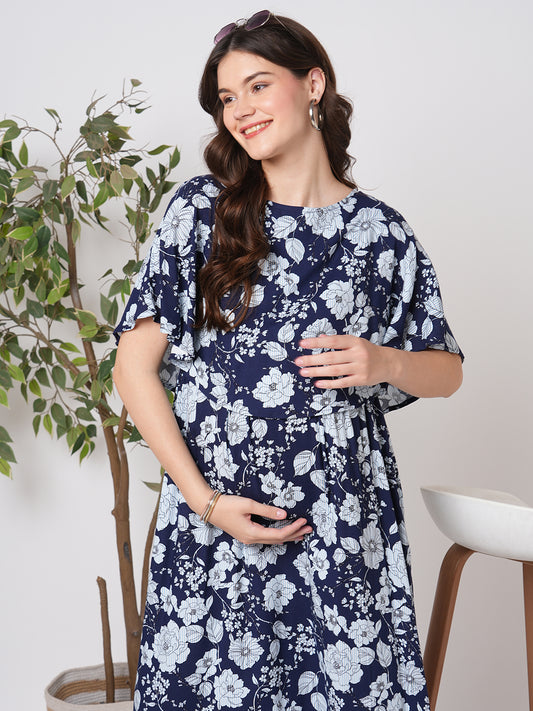 Chic Navy Blossom Printed Comfy Maternity Dress
