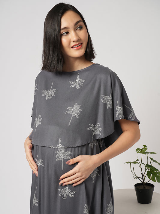 Slate Grey Palm Tree Printed Maternity Dress