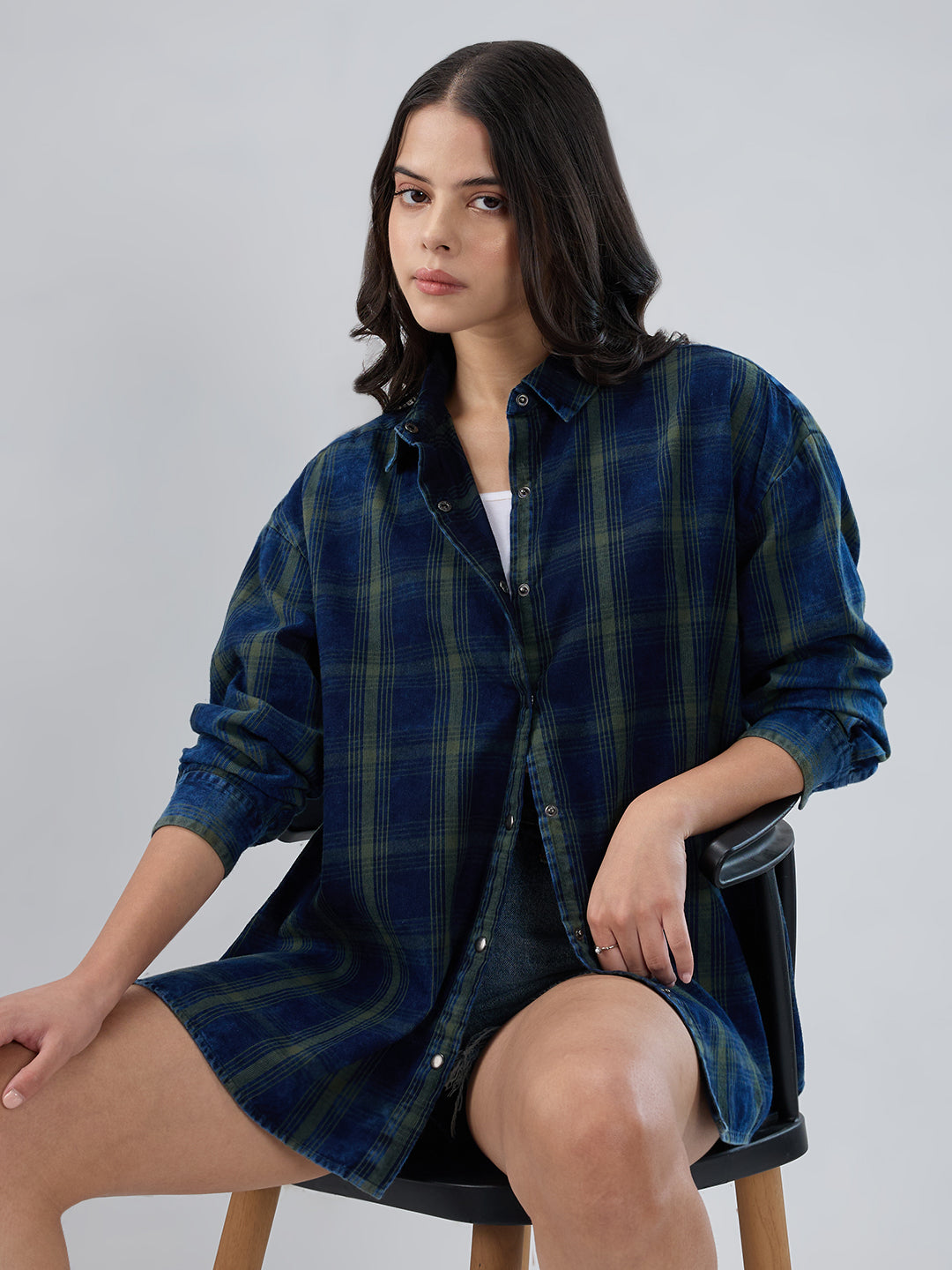 Navy & Olive Checkered Corduroy Oversized Shirt
