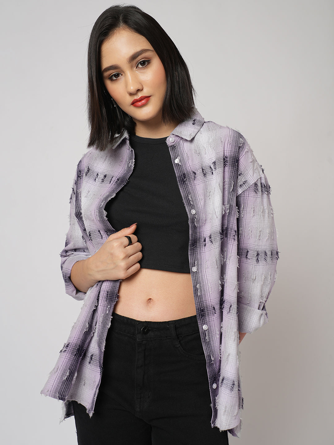Multicolor Self Design Frayed Oversized Shirt