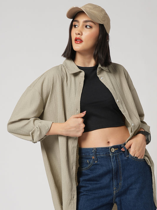Beige Textured Oversized Shirt
