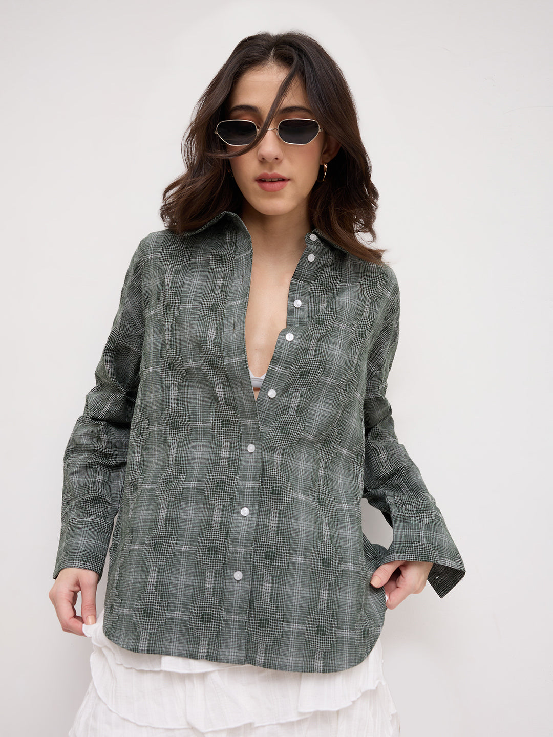 Olive Green Gridlock Smokey Plaid Oversized Shirt