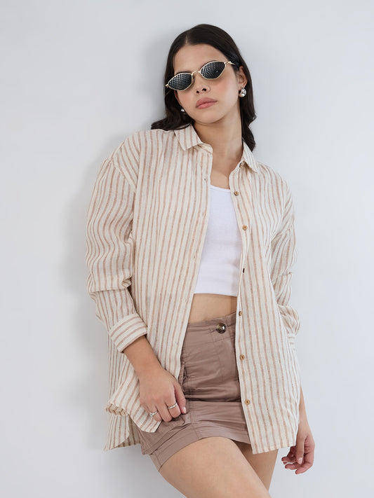 Beige & Brown Striped Burlap Shirt