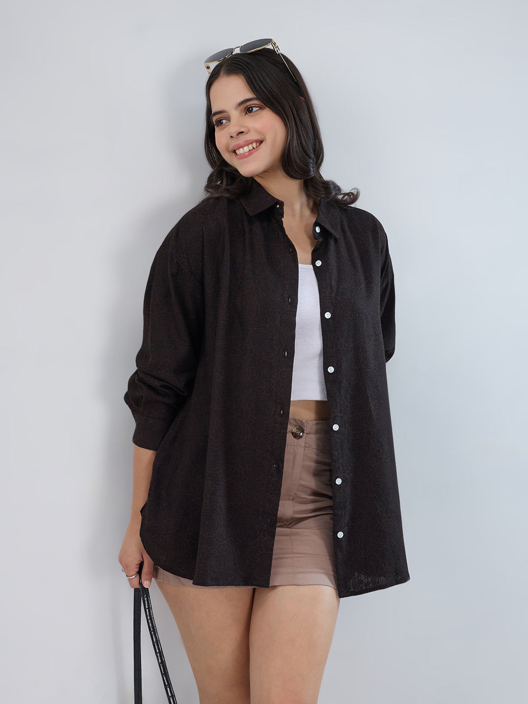 Bistre Brown Artistic Printed Oversized Shirt
