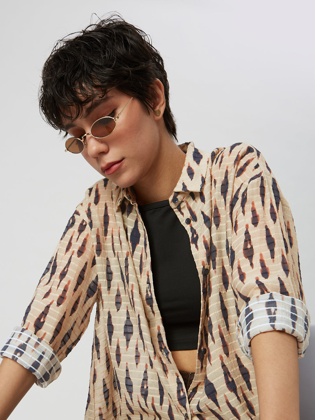 Beige & Black Abstract Printed Oversized Shirt