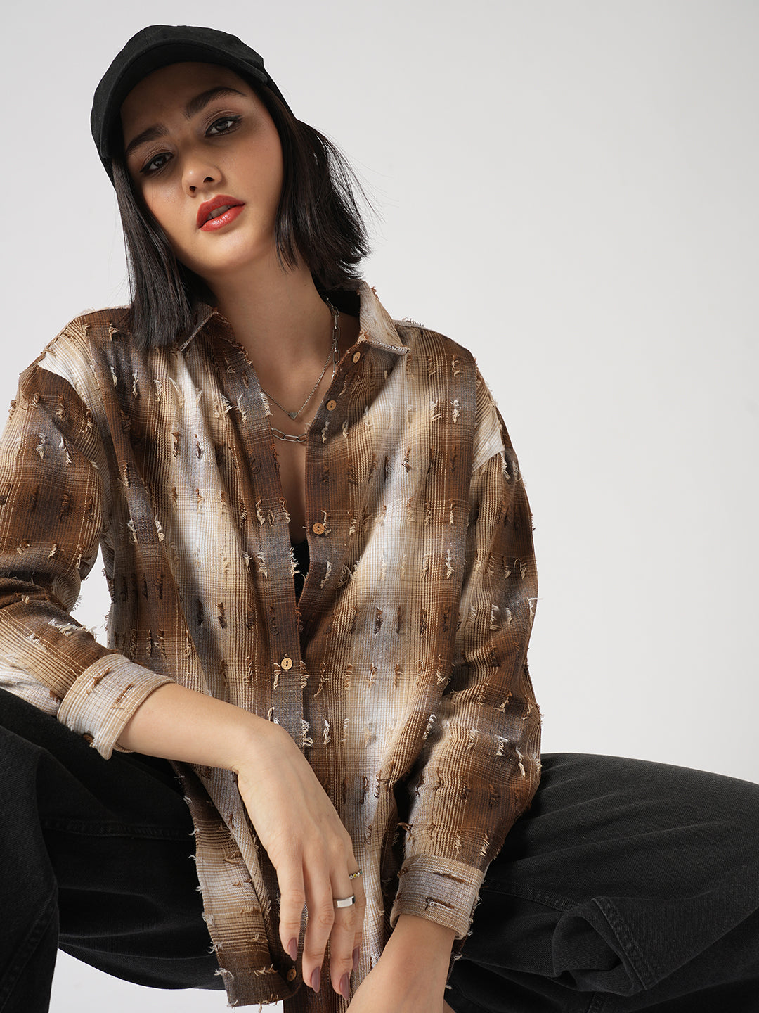 Brown & Beige Self Design Frayed Oversized Shirt