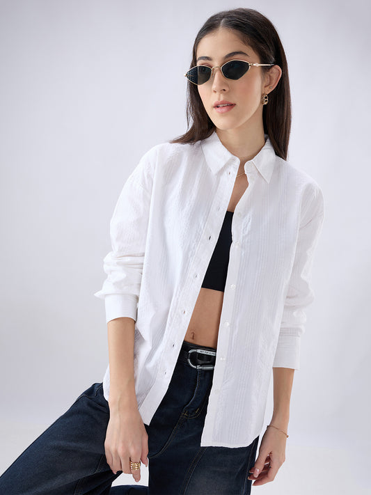 Pearl White Seersucker Oversized Shirt