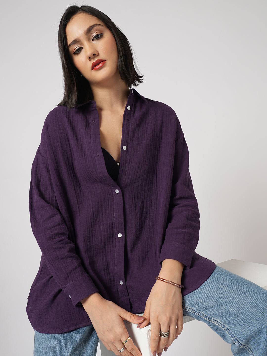 Kalamata Purple Textured Double Cloth Oversized Shirt