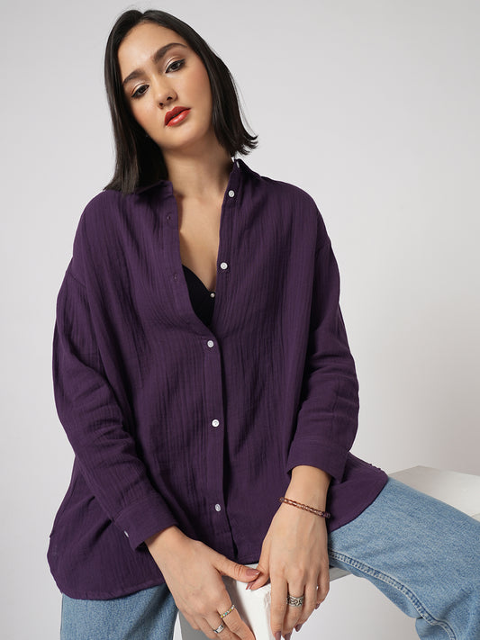 Kalamata Purple Textured Double Cloth Oversized Shirt