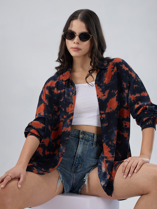 Black & Tangerine Tie- Dye Oversized Crepe Shirt