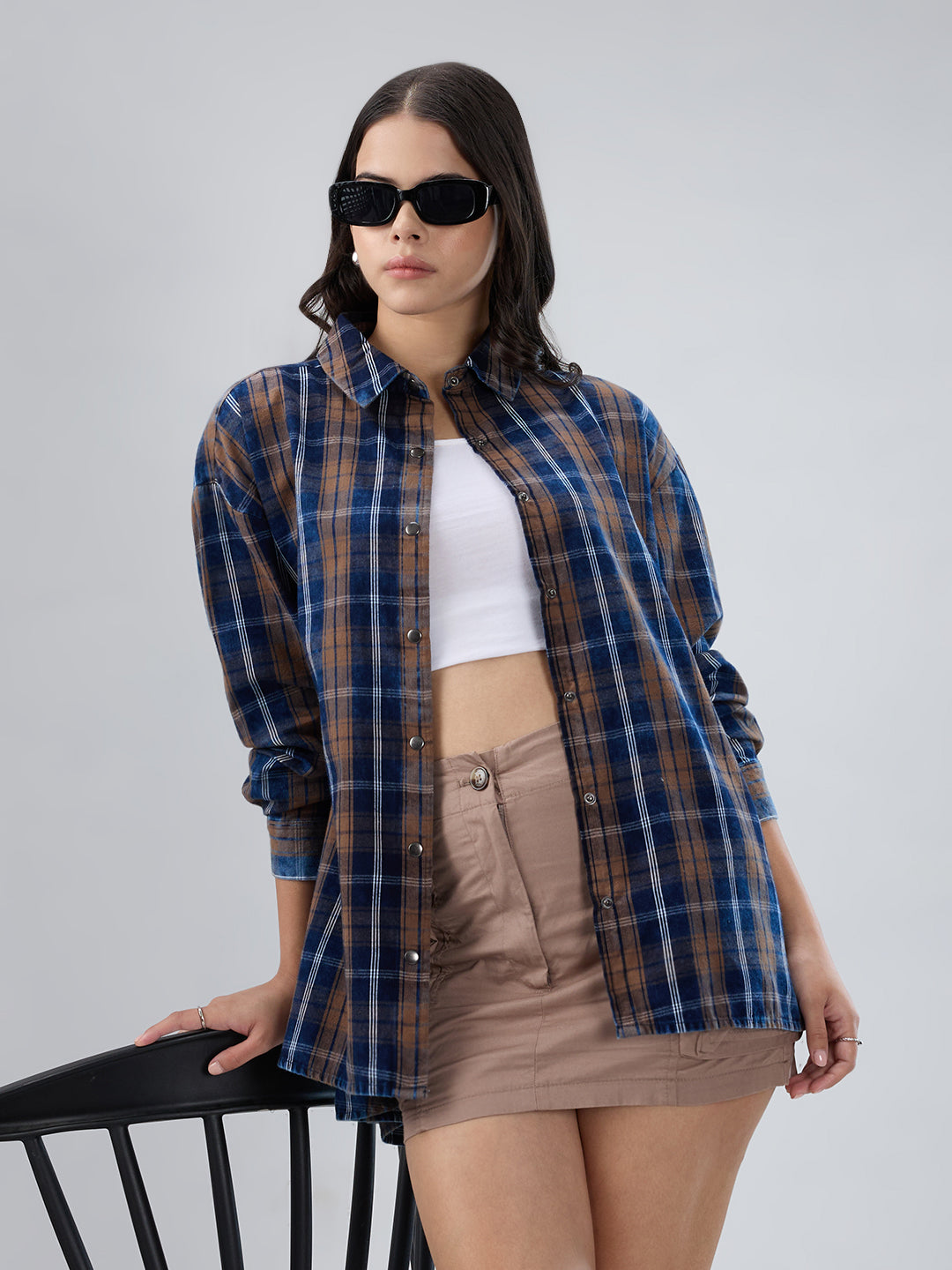 Navy & Brown Tartan Checked Corduroy Oversized Shirt
