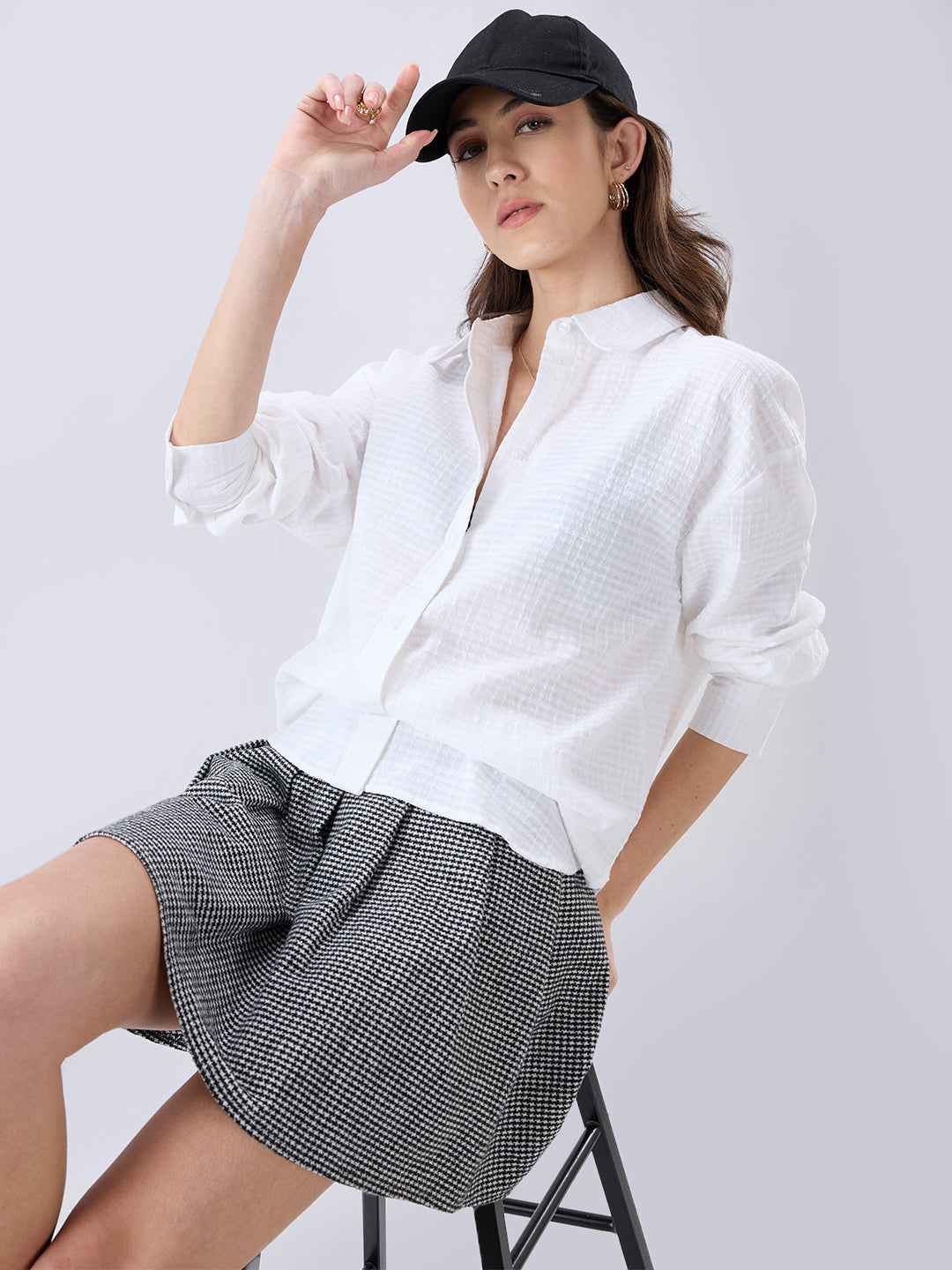 White Seersucker Textured Oversized Shirt
