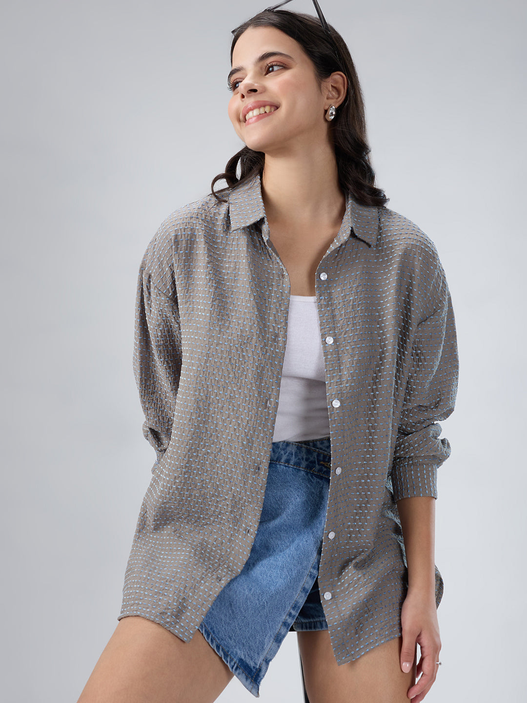 Grey & Blue Dotted Jacquard Oversized Shirt