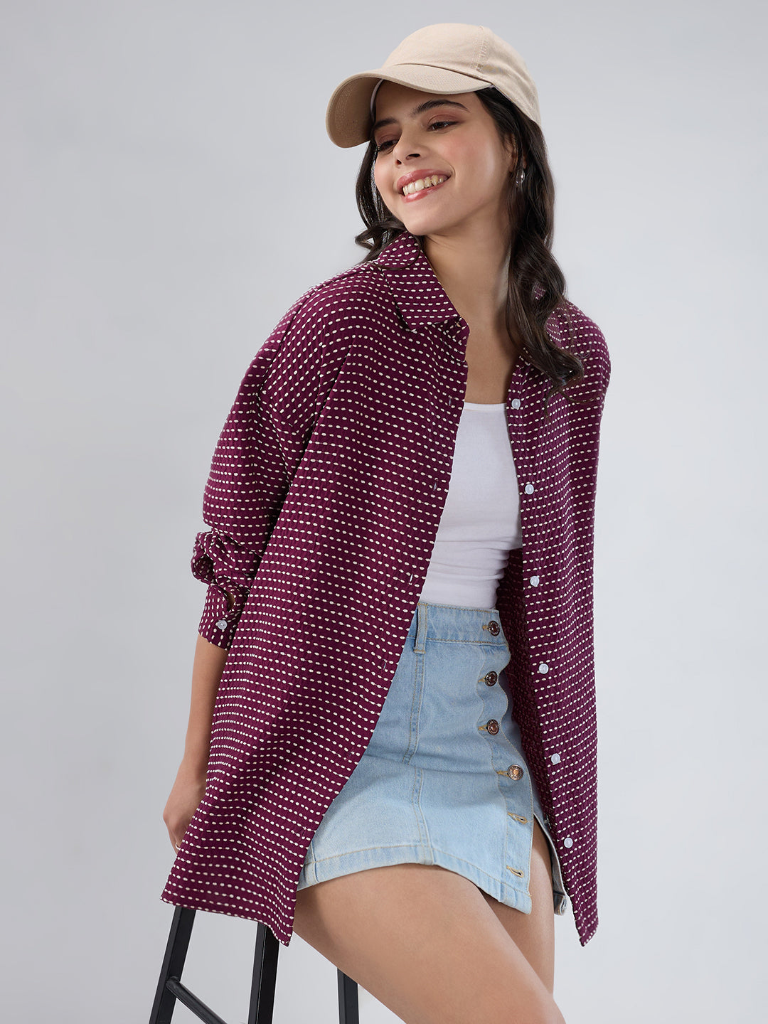 Maroon Dotted Drama Jacquard Oversized Shirt