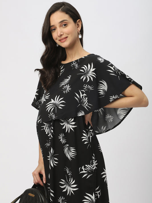Black Leafy Printed Comfy Maternity Dress