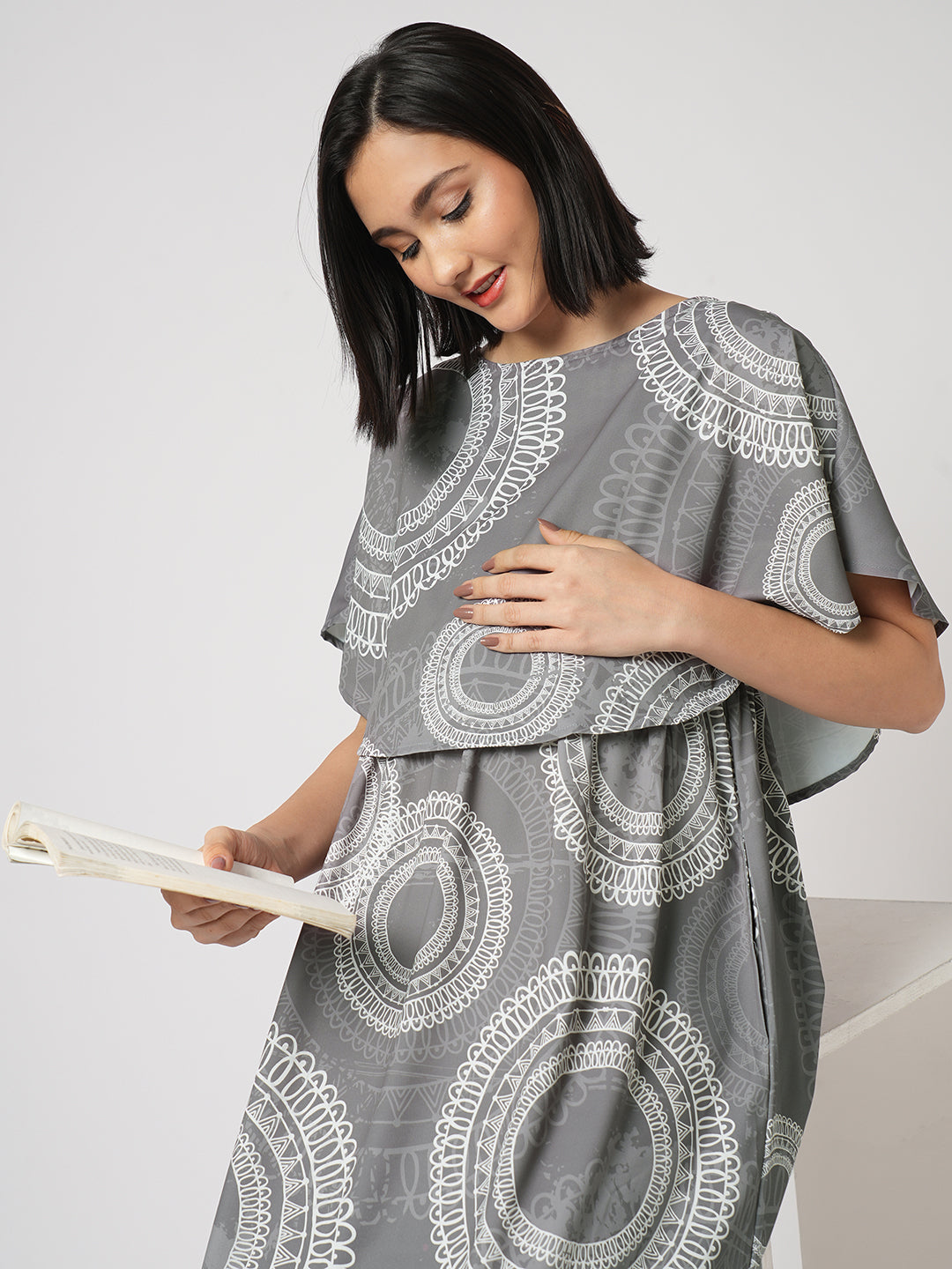 Cloud Grey Mandala Printed Maternity Dress