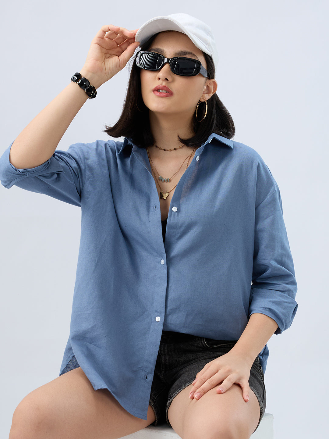 Steel Blue Linen Oversized Shirt