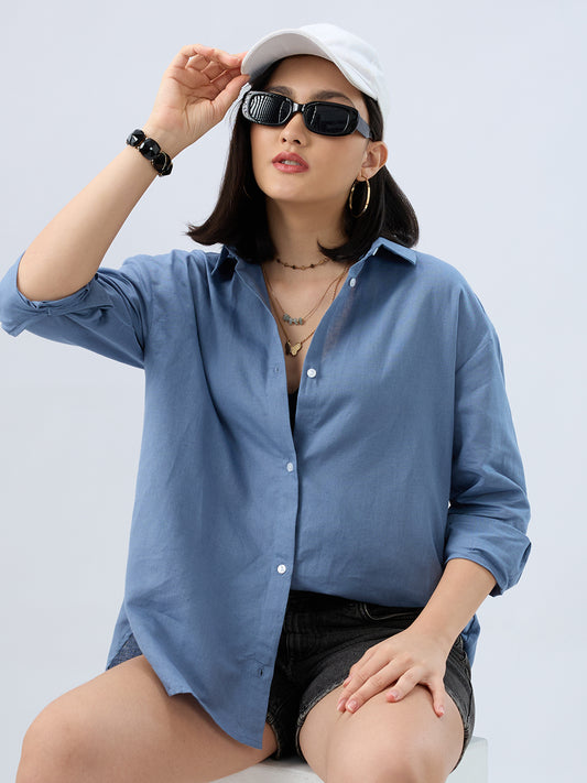 Steel Blue Linen Oversized Shirt