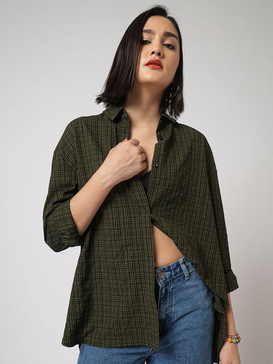 Reseda Green Vintage Mini Checks Oversized Shirt