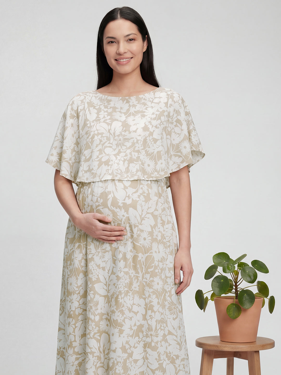 Serene Bloom Beige & White Printed Maternity Dress