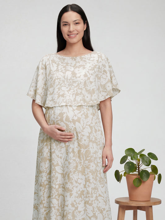 Serene Bloom Beige & White Printed Maternity Dress
