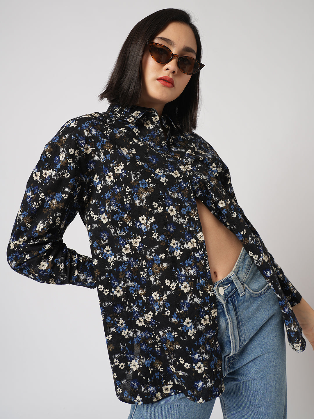 Midnight Bloom Floral Printed Oversized Shirt