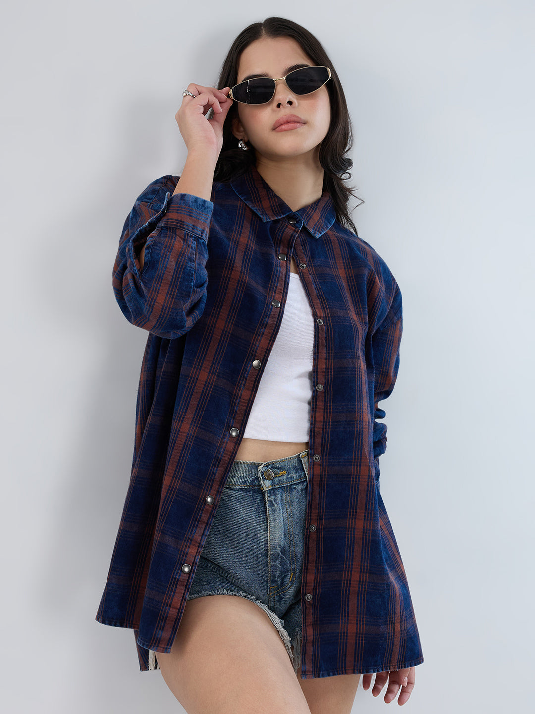 Navy & Brown Checkered Corduroy Oversized Shirt