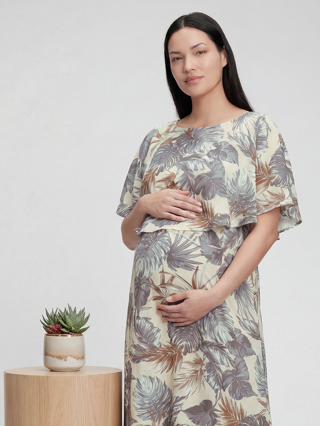 Beige Palm Leaf Tropical Printed Maternity Dress