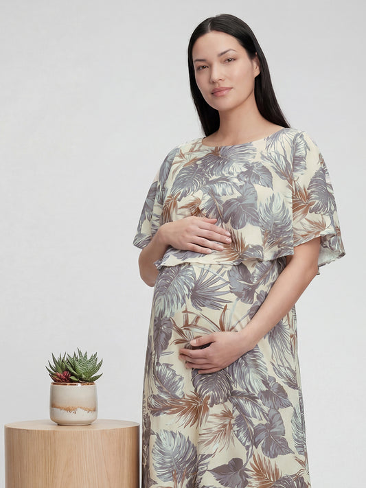 Beige Palm Leaf Tropical Printed Maternity Dress