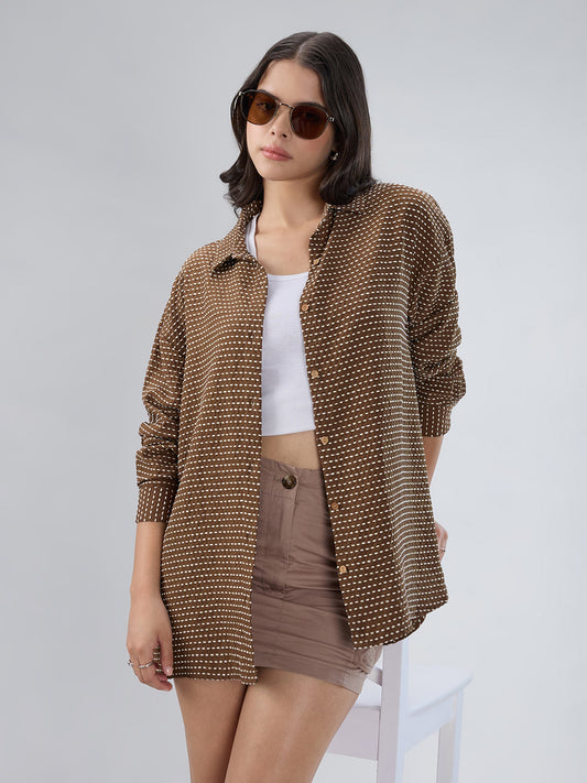 Brunette Brown & Beige Dotted Jacquard Oversized Shirt