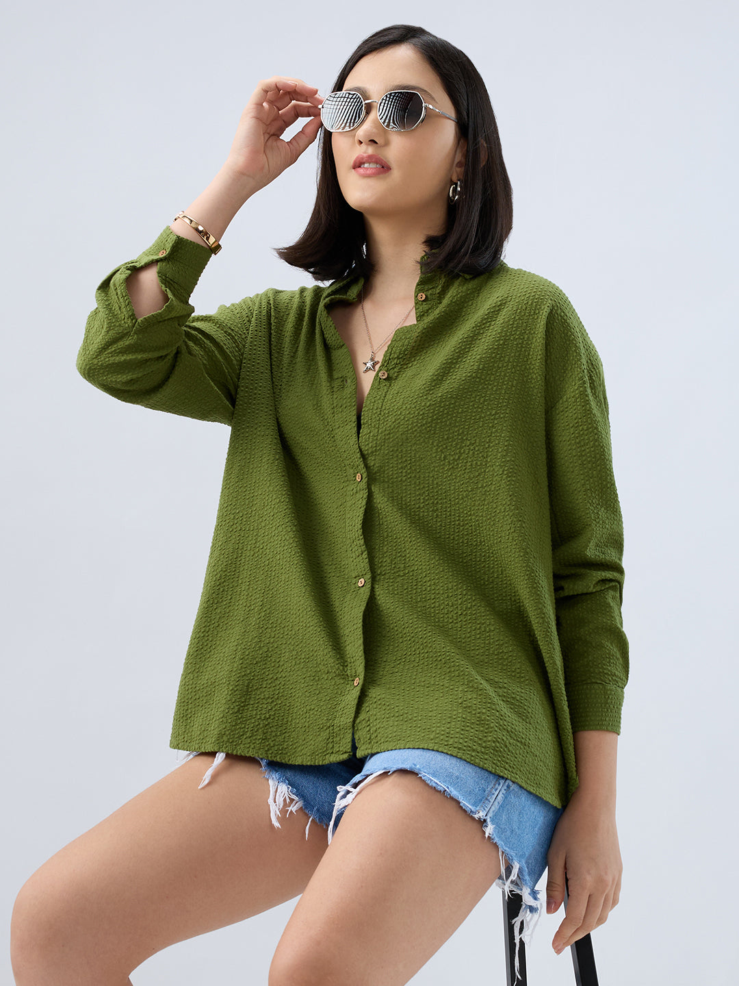 Olive Seersucker Oversized Shirt